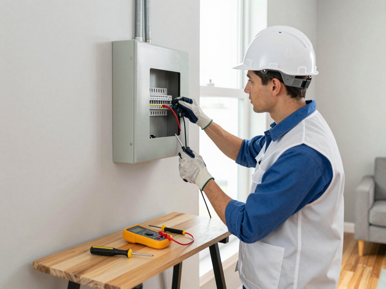 Professional electrician working on residential electrical panel